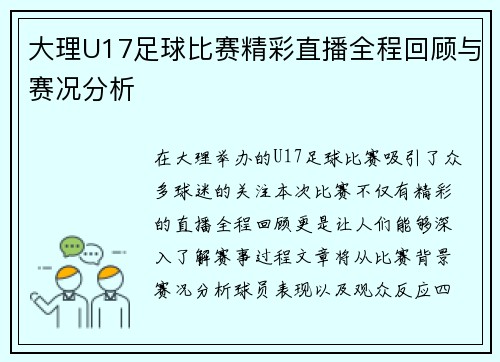 大理U17足球比赛精彩直播全程回顾与赛况分析